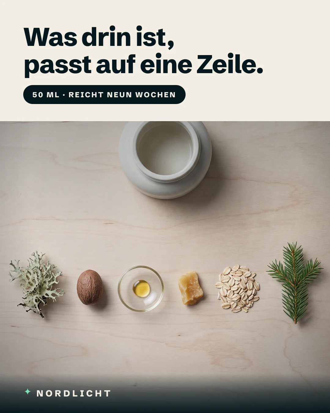 Anzeige: Flatlay mit dem Nordlicht-Tiegel und sechs Zutaten